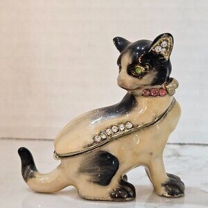 Enamel Hand Painted Cat Trinket Box With Rhinestones Magnetic Closure
